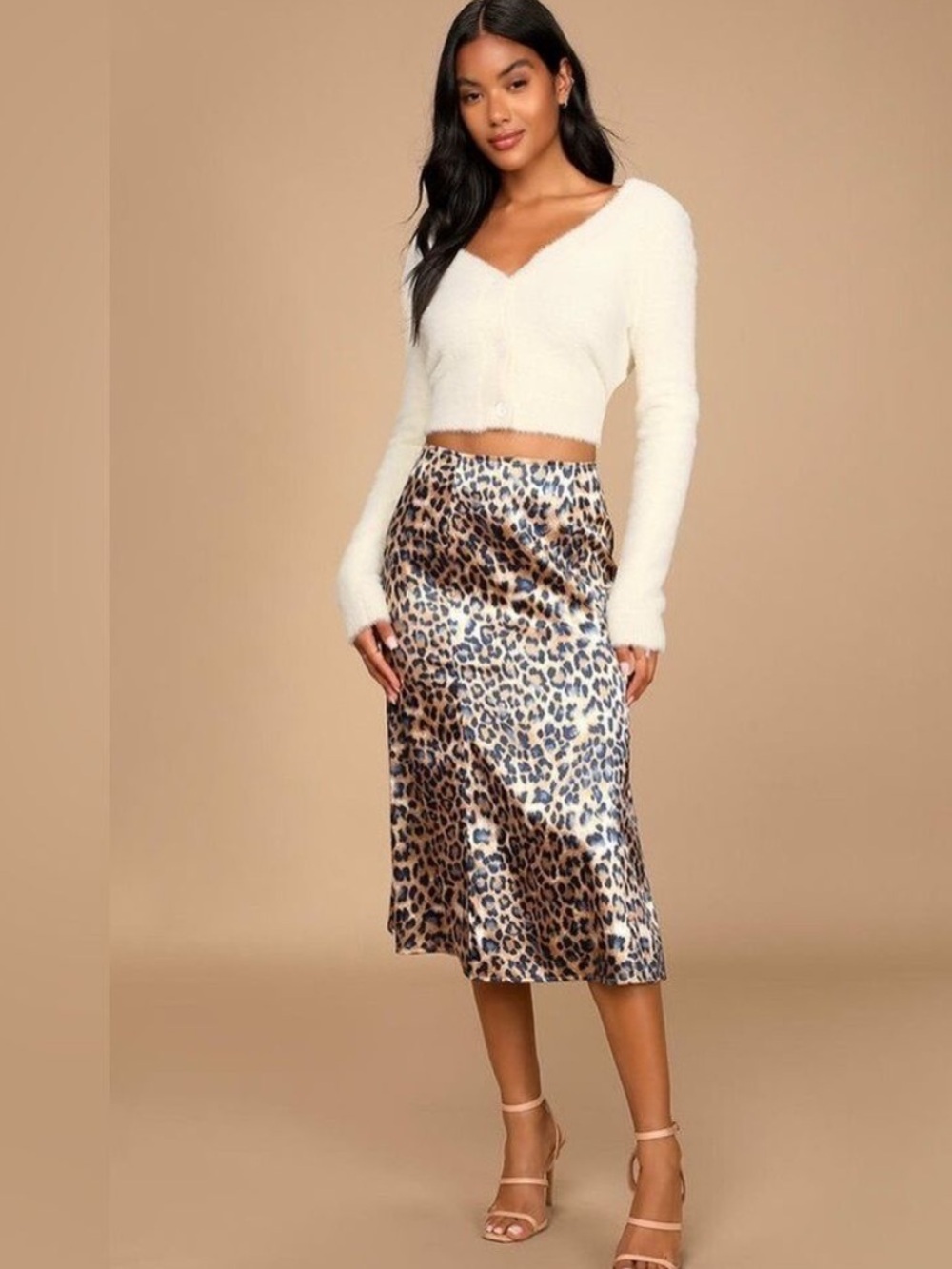 Lulus Global Icon Tan and Navy Blue Leopard Print Satin Skirt - Size Medium